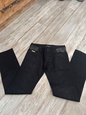 Dolce & Gabbana Men's Slim Straight Jeans in Black with Leather-Trim Waistband